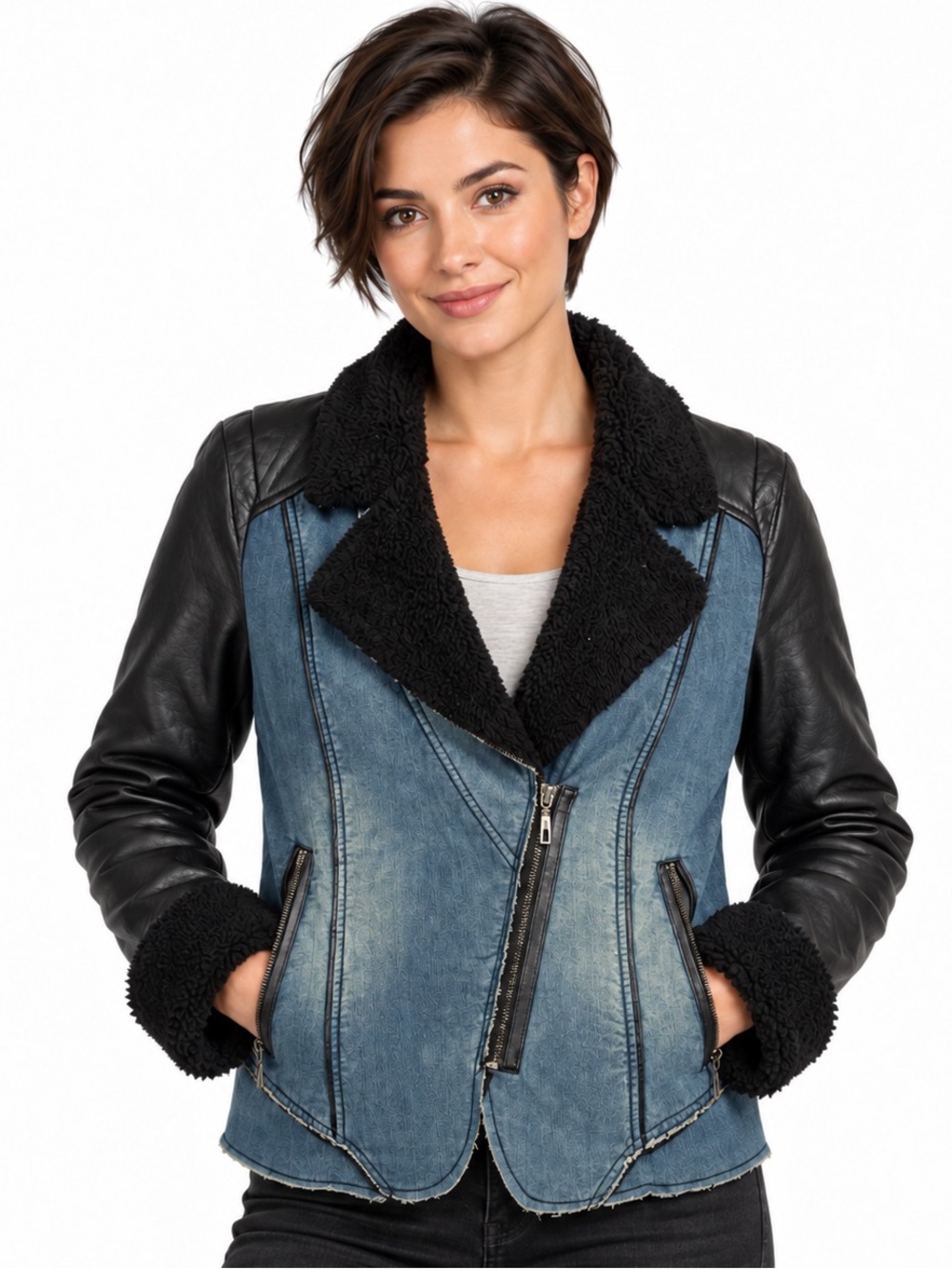 Tribal Jeans Moto Jacket Size M Black Blue Denim Faux Leather Sherpa Lined